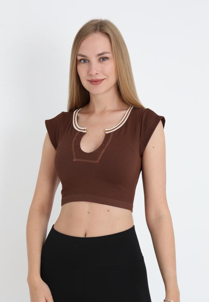 Crop Tricou Damă cu Mânecă Scurtă ,Culoarea Maro,Engros